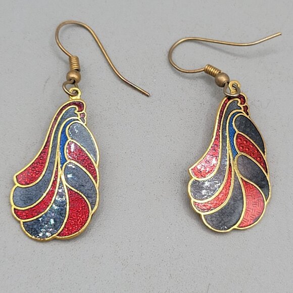 Vintage Cloisonné Enamel Dangle Earrings Red Blue Feather Design - Picture 1 of 4